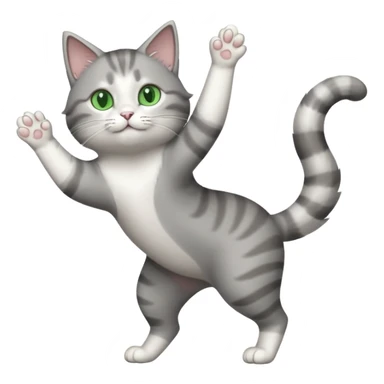 grey and white cat with green eyes doing a big extremely long stretch reaching up into the air with arms and legs side by side together straight and overextended sticker