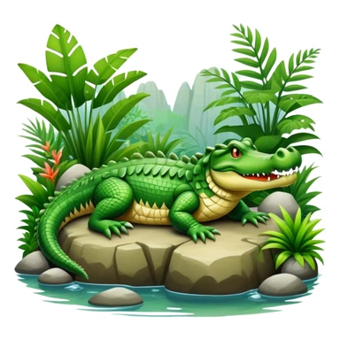 Crocodile resting, surrounded by rocks, water, and tropical plants. The green scales of the crocodile glisten under the light, with its sharp eyes focused ahead. The background features a naturalistic habitat with plants and water, giving it a lifelike feel. sticker