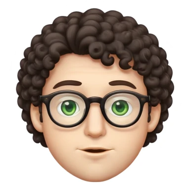 young male emoji with wide face, fuller lips, very poofy voluminous dark slightly curly hair, big ears, pale skin, glasses, green eyes set wider apart, very light stubble sticker