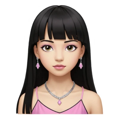 Cabelos pretos longos lisos ,com franja curvada .olhos pretos puxadinho para cima. Cílios longos curvados. Pele clara ,nariz pequeno ,lábios carnudos ,adolescente 16 anos ,vestido rosa de alça, colar pequeno prata ,brinco de diamante pequeno  sticker