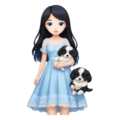 Pastel anime lady long hair with long lace dress full body holding puppy aesthetic background sticker