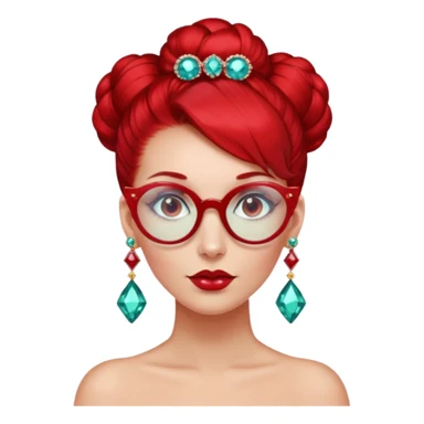 gem lover woman with gem accessories excessive amount gem glassess very big gem earrings red bun hair and red diamonds sticker