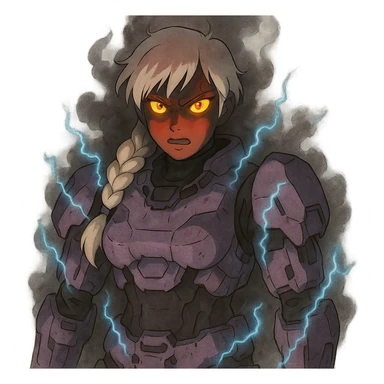 female, wearing reach spartan armor shoulder-unequip, long white braid hair with massive messy front side single bangs, gold yellow eyes, attention pose, D-cup size, HALO:series, no helmet, the armor is lavender color scheme, eyes glowing, demon eye, gleam, rage aura, body steaming dark gray, blue electricity sticker