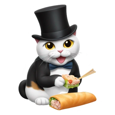 Cat with a top hat eating sushie sticker
