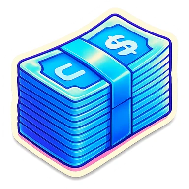 a massive bound stack of blue-and-white banknotes, bills,, 90s futuristic sticker