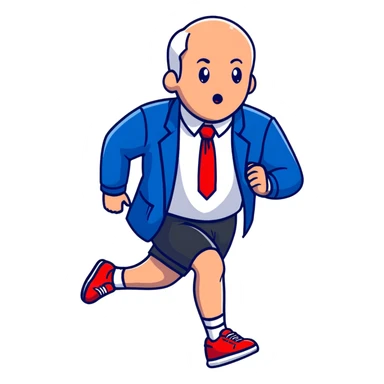 a running white man wearing a blue jacket, shorts, red sneakers, and a flowing red tie sticker