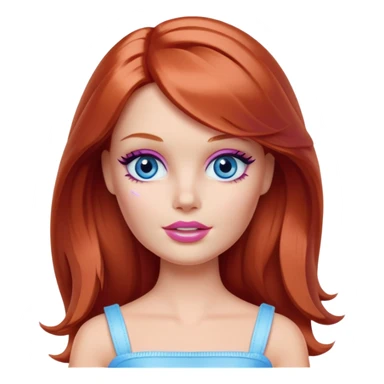 Barbie girl Chestnut-red Shoulder-length hair and blue eyes is In pale purple smears by hand cosmetic cream on her face sticker