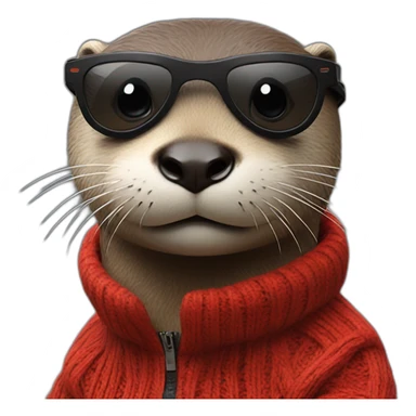 An otter weathering a red jumper with a pair of black sun glasses sticker