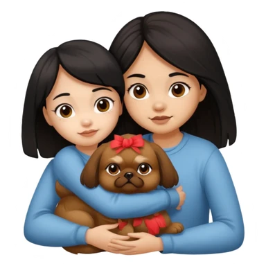 black hair girl hugging brown pekingese dog that looks a little bit like brown gremlin sticker