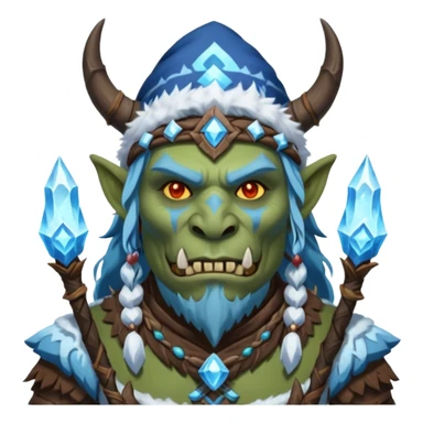 Fantasy Christmas orc shaman icon, ice spirit magic theme, glowing runes, winter tribal mask elements, mystical cold atmosphere, emoji sized portrait, male/female variant sticker
