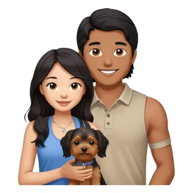 A pretty Asian girl with long, luscious wavy black hair (loose, no hair tie), wearing a sleeveless halter top, standing beside a brown skinned man with a middle part haircut who is wearing a polo shirt. They are both smiling and holding a small Yorkshire Terrier together sticker