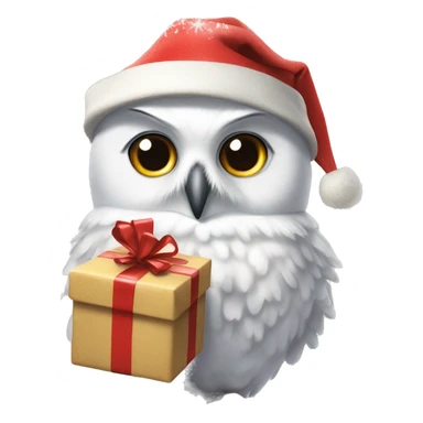 Hedwig the snowy owl, wearing a tiny Christmas hat, carrying a rolled-up letter tied with a festive ribbon in her beak sticker