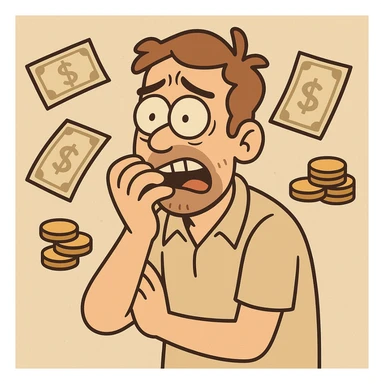 a flat toon man biting his nails, surrounded by bills and coins, worried sticker