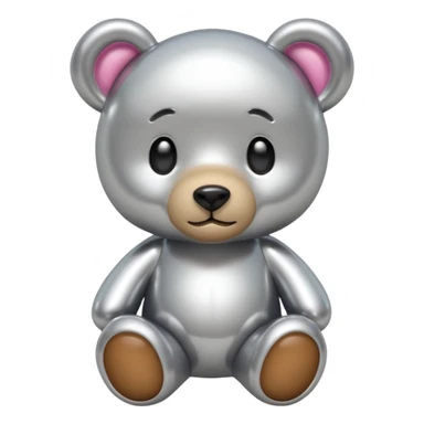 A cute teddy bear emoji made of liquid silver chrome, smooth rounded body, glossy metallic surface, soft reflections, friendly proportions, iOS emoji style, centered, clean white background sticker