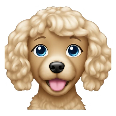 Blonde girl has long straight hair, blue eyes, pink lips with a brown maltipoo sticker