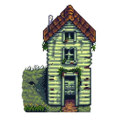 shabby house, pixel art style, broken windows, overgrown grass sticker
