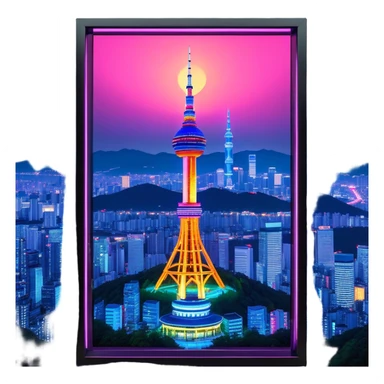 N Seoul Tower – Cinematic Realistic N Seoul Tower, depicted as a sleek modern tower illuminated against a vibrant cityscape at night, with reflective glass and dynamic neon lighting, rendered with intricate architectural detail and a futuristic urban glow. sticker