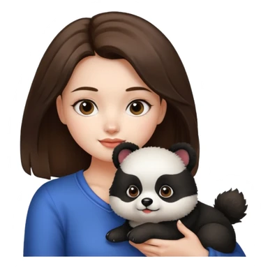 Girl with brunette hair is holding her dog thats a pomeranian and looks like a panda. sticker