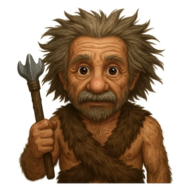Make Albert Einstein as a caveman look more primitive, with rougher clothing, messy hair, and a more rugged appearance, in emoji style with no background. sticker