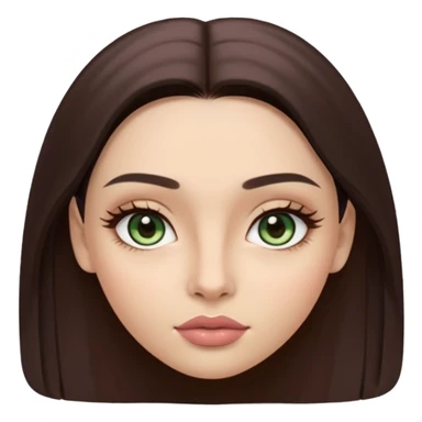 Girl with oval face with light skin. Long, straight, dark brown hair parted in the middle. Large, almond-shaped greenish chestnut eyes with light shimmer eyeshadow. Dark, naturally arched eyebrows. Slim nose with a defined bridge. Full, well-shaped lips with mauve gloss. sticker