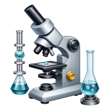 An icon featuring an electronic microscope, a metal alloy, atomic structure symbols, and a crystal structure, symbolizing materials science. The design includes different materials like metals, ceramics and polymers, alongside a stamp representing testing and quality control. Transparent background sticker