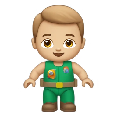 Caucasian baby boy, brown air playing with duplo starship sticker