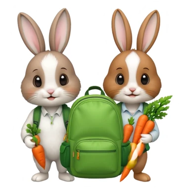 Two bunny brown & white, bunny with a green backpack, holding a carrot sticker