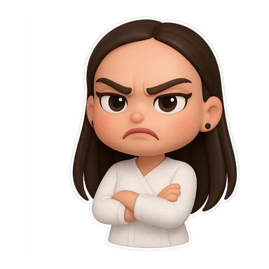 Create a chibi sticker of the girl from the reference image with long hair as shown. She has an angry expression, in 3D bitmoji chibi style with a white outline and transparent background. sticker