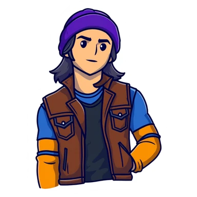 Jay from Descendants, long hair in a beanie, leather vest, athletic build sticker