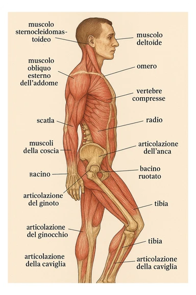 realistic anatomical illustration: lateral view of human body, rotated pelvis and compressed vertebrae, evident anatomical details, captions in Italian, aspect ratio 2:3. sticker