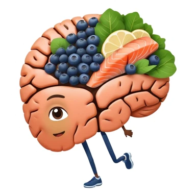 brain surrounded by healthy lifestyle choices, exercising, salmon, dark chocolate, blueberries, seeds, leafy greens . brain booster sticker