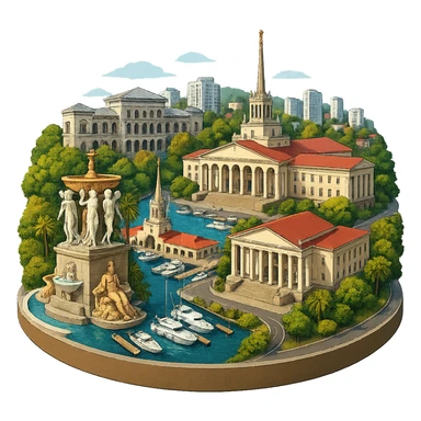 Изометричная, яркая, детализированная и фотореалистичная иллюстрация панорамы города Cочи на круглой подставке в стиле 3D-коллажей городов, здание Морского Порта, Зимний театр, Санаторий имени С. Орджоникидзе, море, причал, яхты чёткие линии, слегка мультяшная стилистика, прозрачный фон, не обрезать края картинки sticker