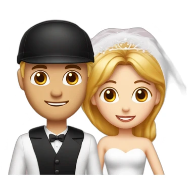 wedding couple blond man with black cap and white shirt, woman with medium red hair shirt with neckline sticker