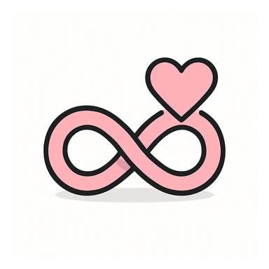 pink infinity symbol with shadows and highlights, simple heart shape next to the infinity, playing with placement: beside, above, below, or integrated into the infinity loop, in flat pink gray style sticker