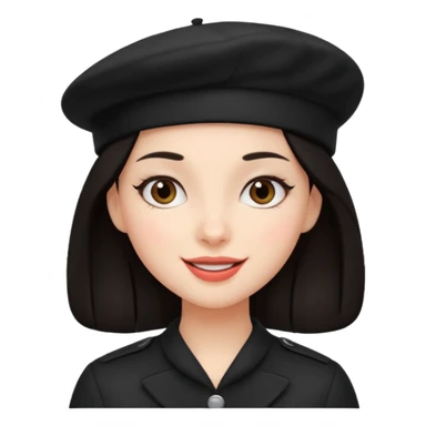 girl with dark hair and a black beret, cheerful face sticker
