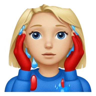 Girl massaging her head with blonde wet hair with anti-dark circles patches in her eyes dressed in a blue sweater sticker