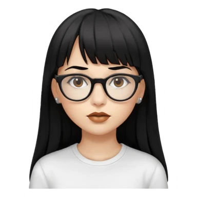 uma mulher snapchat icon, cor da pele normal, cabelo preto liso grande, solto grande com franja vegana, franja inteira curta, óculos pretos, com piercing na boca e nariz, olhos castanhos, camisa branca, a tela de fundo branca, coloque um brinco na boca e no nariz sticker