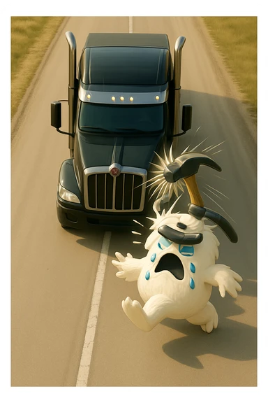 Make the scene lighter and show the hammer actively hitting the abominable snowman on the head, realistic top-down view, no text. Maintain a realistic style with clear lighting and dynamic action of the hammer hitting the snowman. sticker