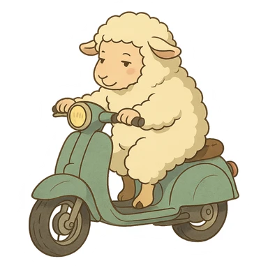 ghibli style cartoon sheep on a scooter sticker