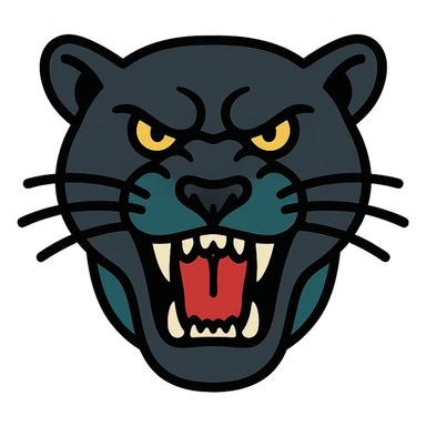 aggressive panther head, snarling, black fur with teal highlights, bold lines, Penrith Panthers rugby league logo style sticker