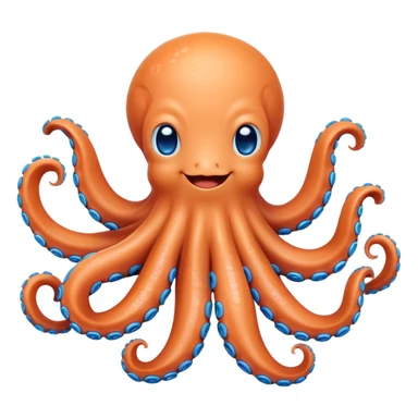Cinematic Cute smiling Octopus Portrait Emoji, Head tilted playfully and inquisitively, featuring a rounded, light orange body embellished with playful blue rings, eight adorably curling arms, and big, twinkling eyes full of wonder, Simplified yet irresistibly adorable features, highly detailed, glowing with a warm, inviting underwater glow, high shine, affectionate and lively, stylized with a touch of whimsical cartoon charm, soft glowing outline, capturing the essence of a mischievous yet loving octopus that seems as if it could bob out of the screen into your arms! sticker