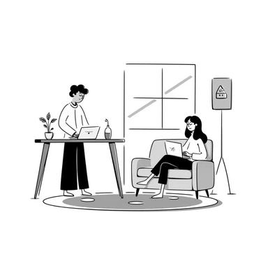 escenary 3d of a cozy mid-century living room with two people working on laptops, one man standing at a desk, and one woman sitting on a couch sticker