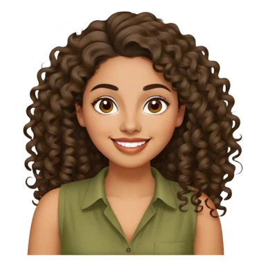 Mujer latina piel brown claro, mediana, cara redonda en forma de pera, cejas definidas, pelo muy largo rizado, peinado hacia atrás con bucles sueltos al frente. Sonrisa amplia, expresión alegre. Blusa verde olivo sin mangas sticker