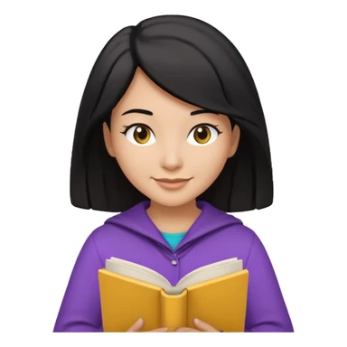 검정머리에 책읽고있는 여자. 해줘. 그리고 그 책으로 얼굴 반은 가린듯한 머리는 약간 파마 앞머리 없고 그리고 너무 무섭게 말고 책 읽는다고 얼굴 반은 가린듯한 책은 흰색에 보라색 노란색 섞여있고. 약간 미소 옷은 흰색. 아이폰 이모티콘 형태로 부탁 sticker