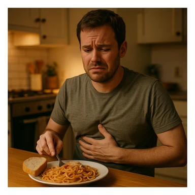 A man in his mid-30s sitting at a kitchen table with a plate of pasta and bread in front of him, looking uncomfortable and conflicted. His facial expression shows bloating, fatigue, and mild abdominal pain. One hand is on his stomach, the other hesitating to eat. sticker