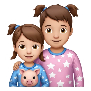 A toddler girl with brown hair with two pig tails, wearing pink pajamas with white stars on them. With a 4 year old boy with spikey brown hair, wearing blue pajamas with white stars on them. Both light skin and smiling. sticker
