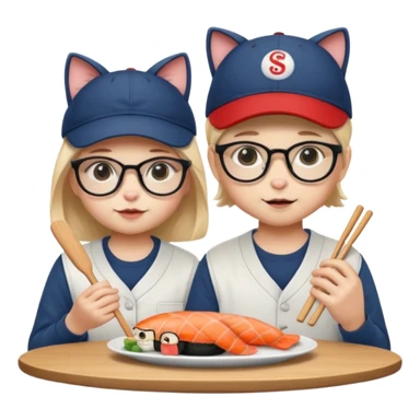 cute girl cat wearing glasses and a cute boy cat wearing a baseball cap eating sushi together sticker