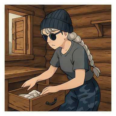 1 female, long white braid, knit cap, dark sunglasses, GRAY T-SHIRT, blue camo pants, LOOTING A CABIN, OPENING A DRAWER sticker