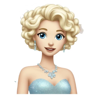 Gorgeous pastel Lady with blue eyes in a sparkly shiny dress with tiara and necklace and flowers behind her and trending  sticker