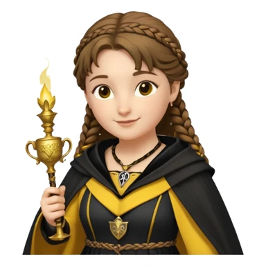 Helga Hufflepuff,the Hogwarts founder of Hufflepuff,brown-haired,2braids,yellow-black medieval dress with black cloak decorated with gold braiding,flickering magic wand and tiny two-handled shiny gold cup engraved with the badger silhouette,very kind smile,curvy busty sweet  sticker
